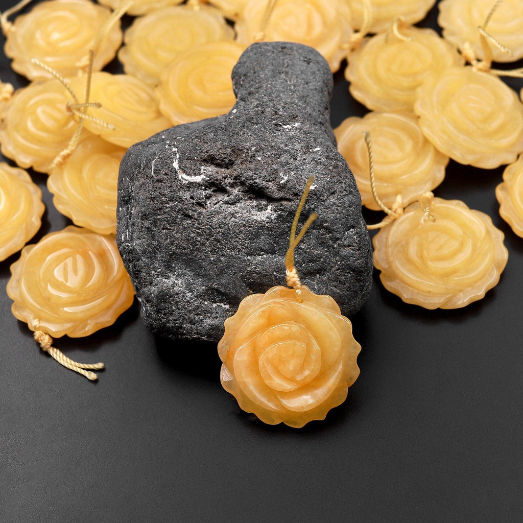 AAA Hand Carved Natural Yellow Jade Rose Flower Pendant Gemstone Focal Bead