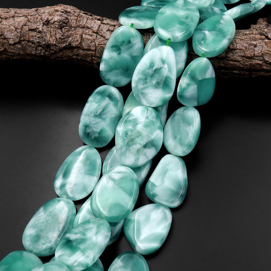 Chatoyant Green Moonstone Large Smooth Freeform Oval Teardrop Slab Focal Pendant Beads Aka "Green Larimar" 15.5" Strand