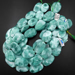 Chatoyant Green Moonstone Large Smooth Freeform Oval Teardrop Slab Focal Pendant Beads Aka "Green Larimar" 15.5" Strand