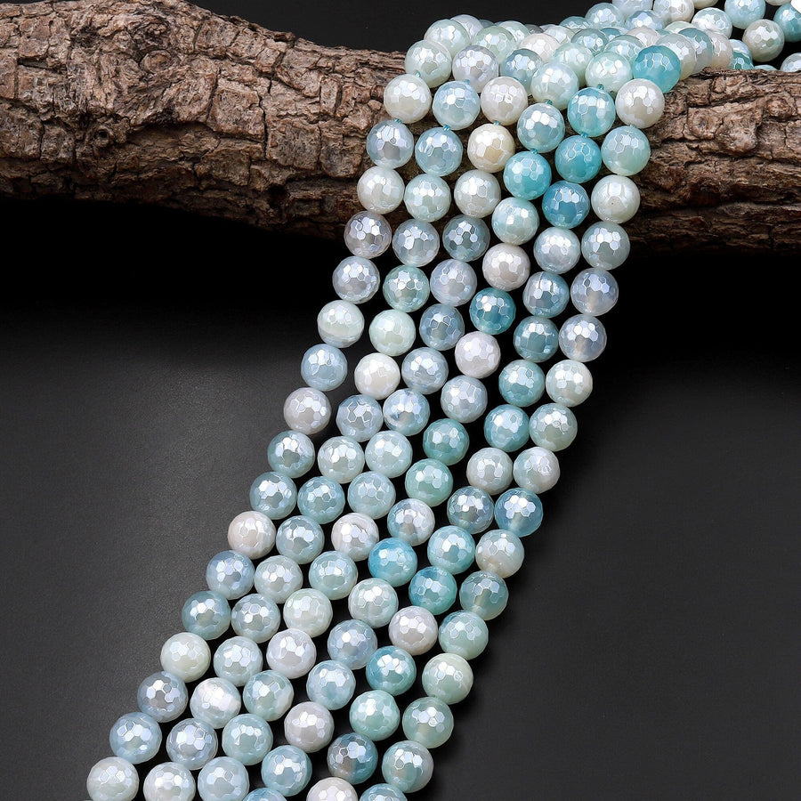 Mystic Aqua Blue Agate Faceted 8mm Round Beads Plated Silverite AB Coated Natural Gemstone 15.5" Strand
