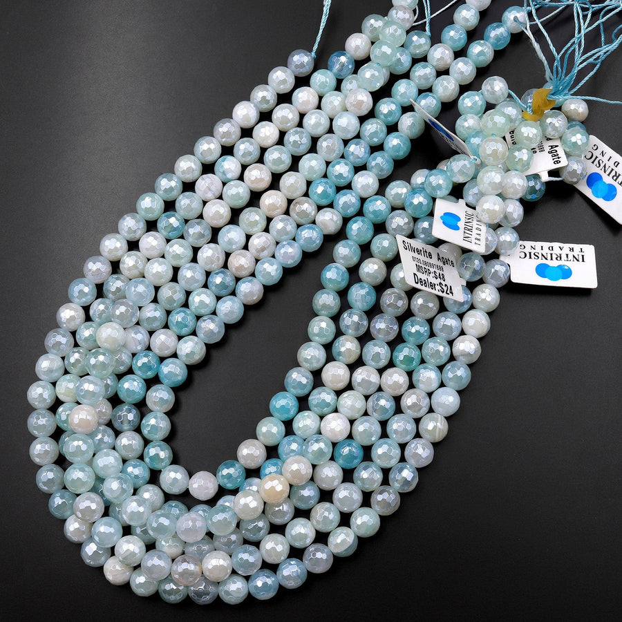 Mystic Aqua Blue Agate Faceted 8mm Round Beads Plated Silverite AB Coated Natural Gemstone 15.5" Strand