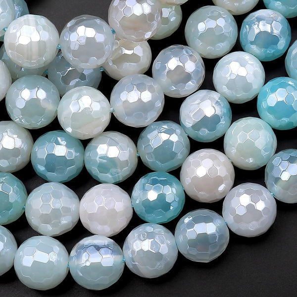 Mystic Aqua Blue Agate Faceted 8mm Round Beads Plated Silverite AB Coated Natural Gemstone 15.5" Strand