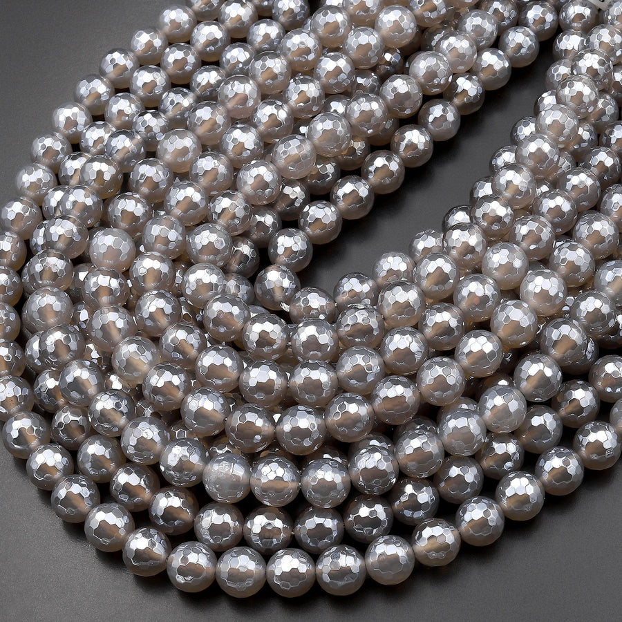 Mystic Gray Agate Faceted 6mm and 8mm Round Beads Plated Silverite AB Coated Natural Gemstone 15.5" Strand