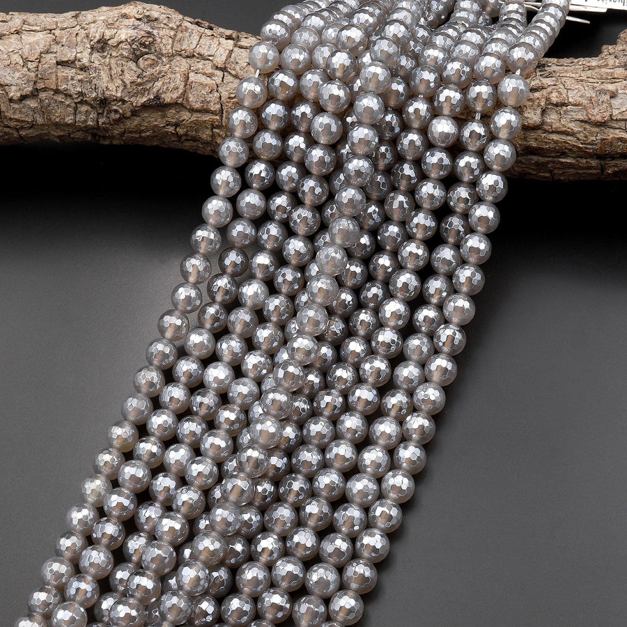 Mystic Gray Agate Faceted 6mm and 8mm Round Beads Plated Silverite AB Coated Natural Gemstone 15.5" Strand