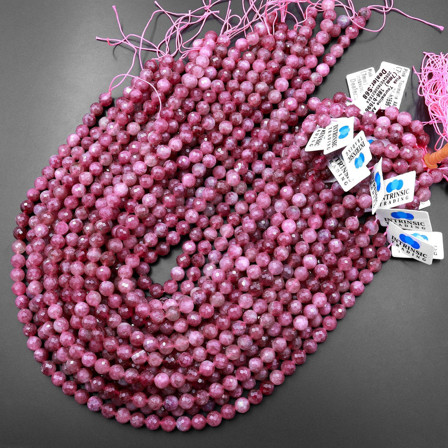 Faceted Natural Pink Tourmaline 7mm Round Beads Diamond Cut Gemstone 15.5" Strand
