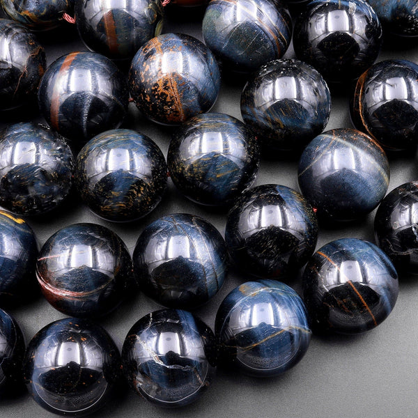 Large Natural Blue Tiger's Eye Smooth 20mm Round Beads Amazing Chatoyance Gemstone 15.5" Strand