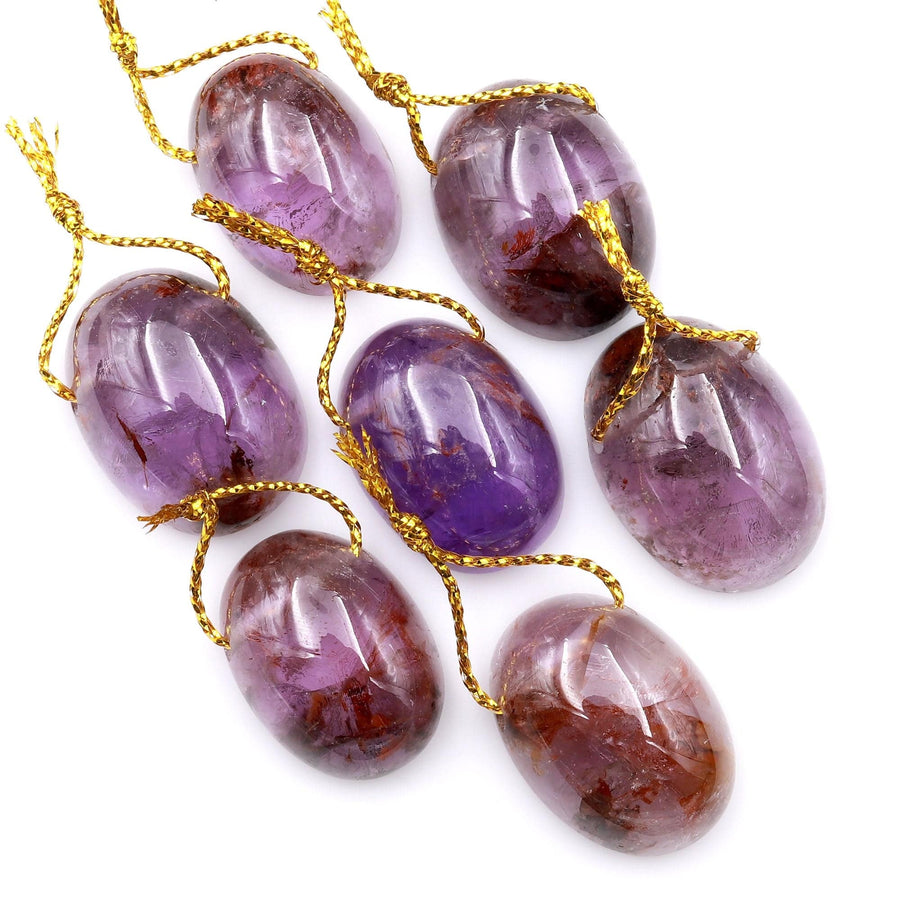 Super 7 Crystal Element Natural Phantom Amethyst Cacoxenite Domed Oval Top Side Drilled Focal Bead Pendant