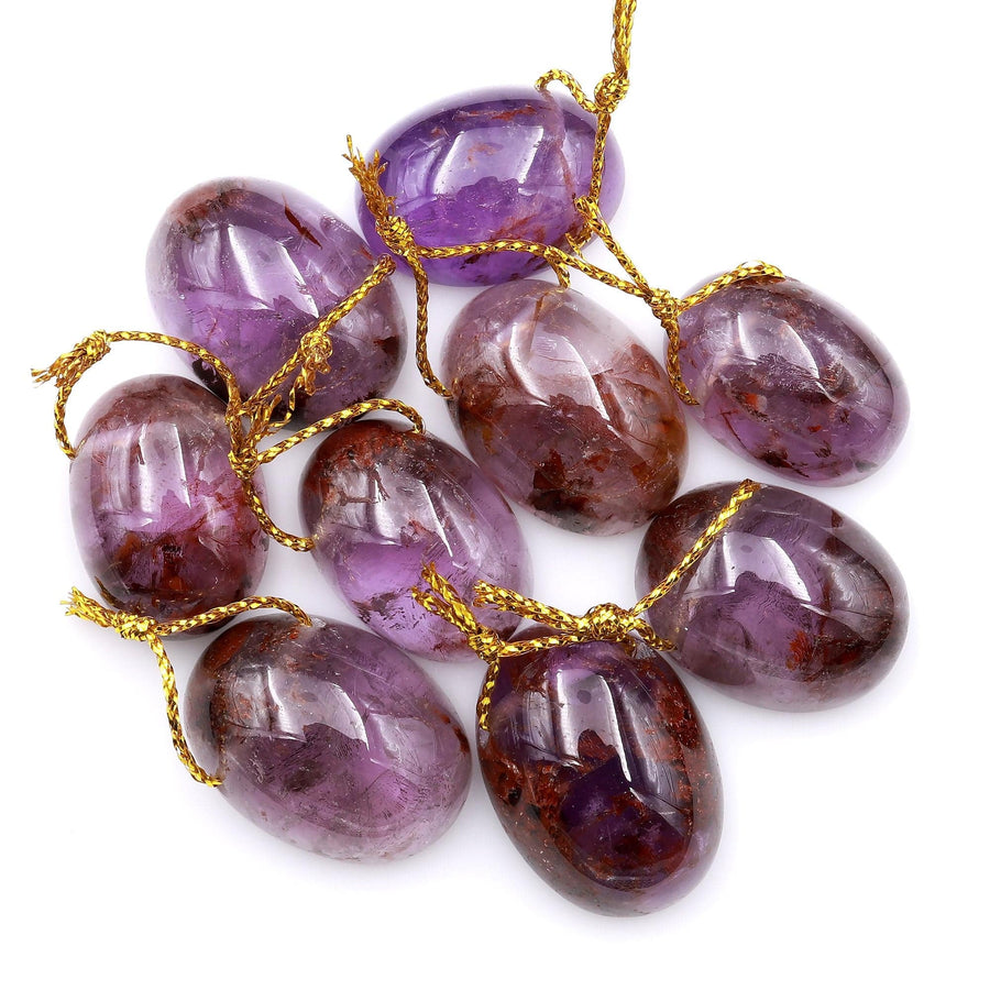 Super 7 Crystal Element Natural Phantom Amethyst Cacoxenite Domed Oval Top Side Drilled Focal Bead Pendant