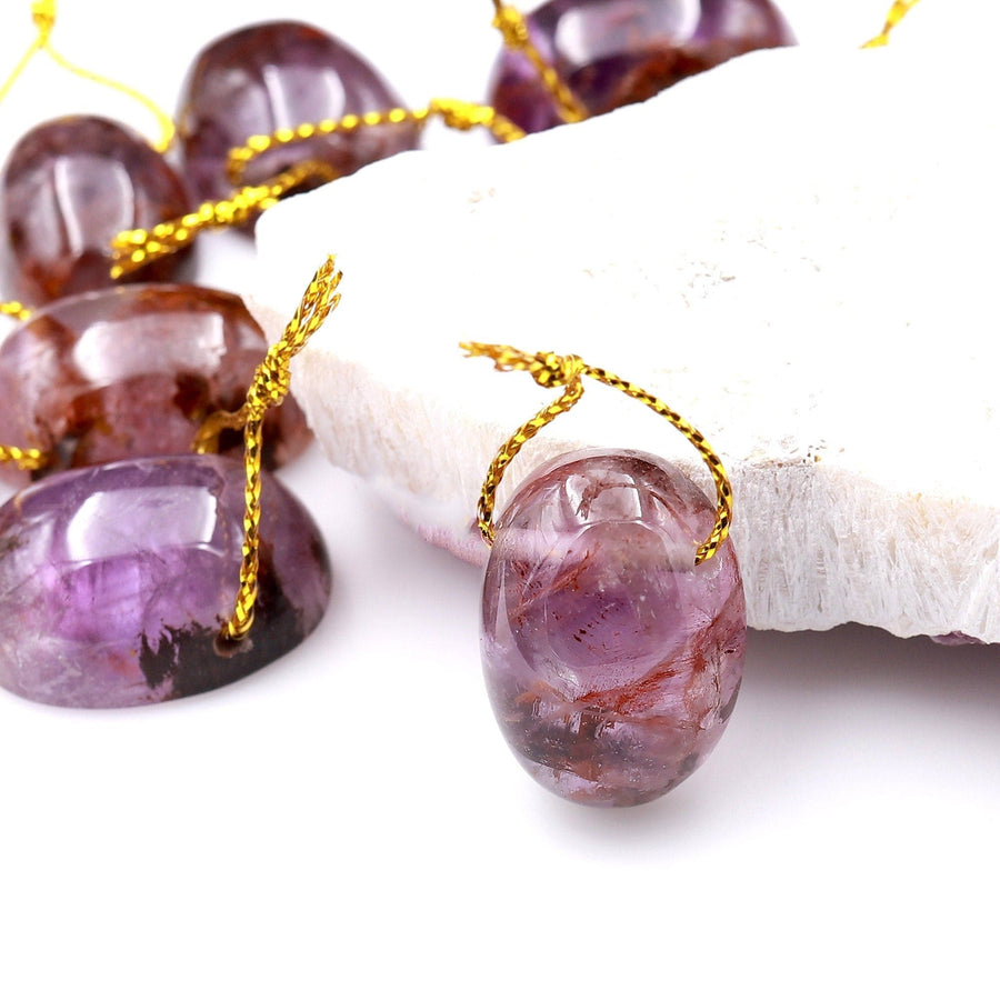Super 7 Crystal Element Natural Phantom Amethyst Cacoxenite Domed Oval Top Side Drilled Focal Bead Pendant