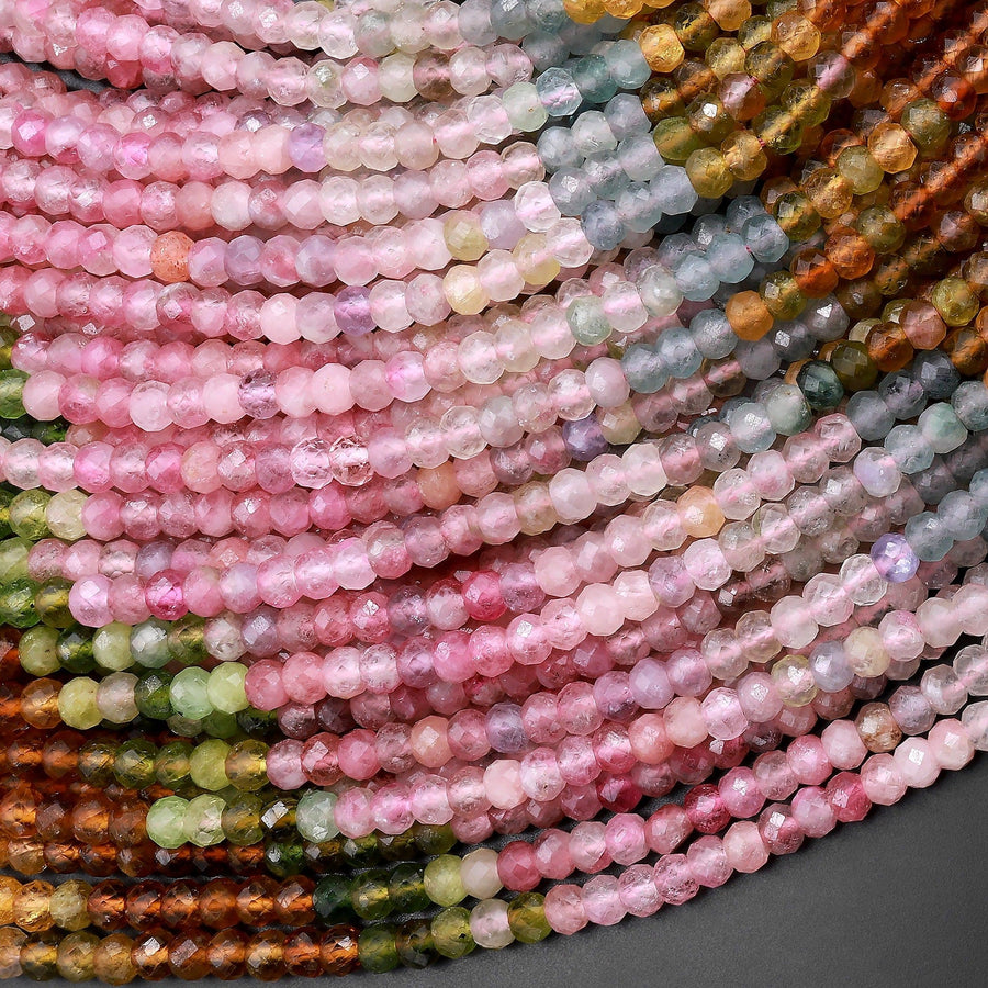 AAA Natural Multicolor Watermelon Tourmaline Micro Faceted 3mm 4mm Rondelle Beads Pink Green Blue Cognac Gemstone 15.5" Strand