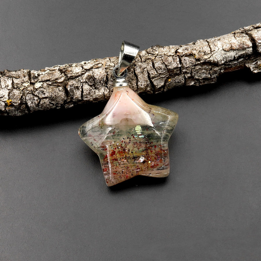 Extremely Rare! Natural Green Orange Arusha Sunstone Star Pendant