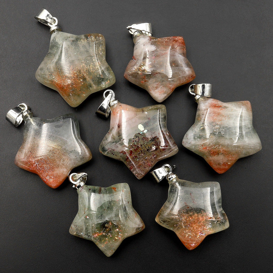 Extremely Rare! Natural Green Orange Arusha Sunstone Star Pendant