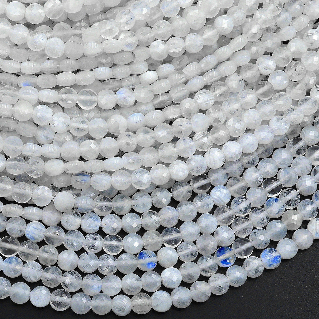 Faceted Natural Rainbow Moonstone Coin 4mm Beads Dazzling Gemstone 15.5" Strand