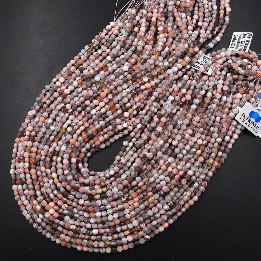 Faceted Natural Peach Botswana Agate 4mm Coin Beads Salmon Peach Pink Gemstone 15.5" Strand