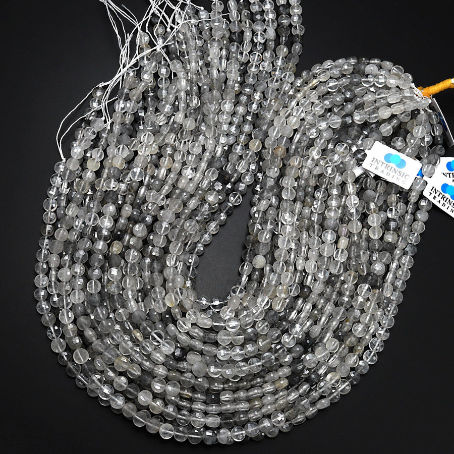 Faceted Natural Cloudy Quartz Coin 4mm 6mm 8mmBeads 15.5" Strand