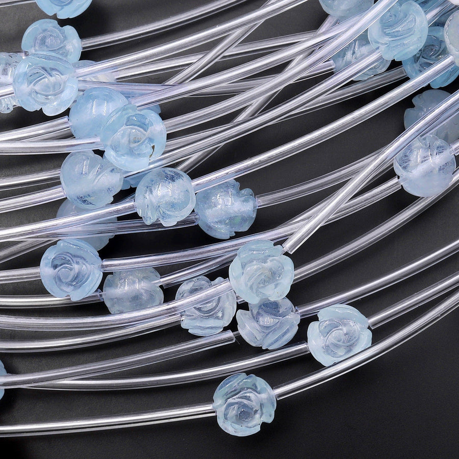 AAA Natural Light Blue Aquamarine Hand Carved Rose Flower Gemstone Beads 8mm