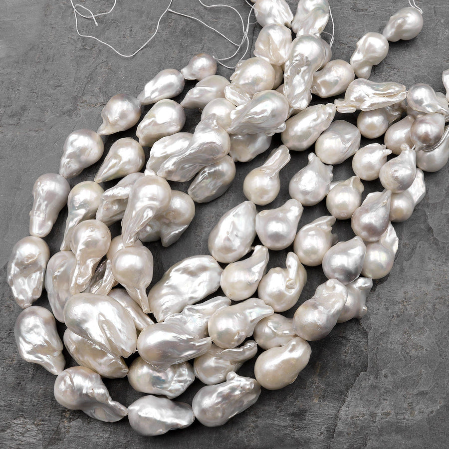AAA Large Genuine White Edison Freshwater Pearl Iridescent High Luster Pearl Aka Baroque Flame Ball 15.5" Strand