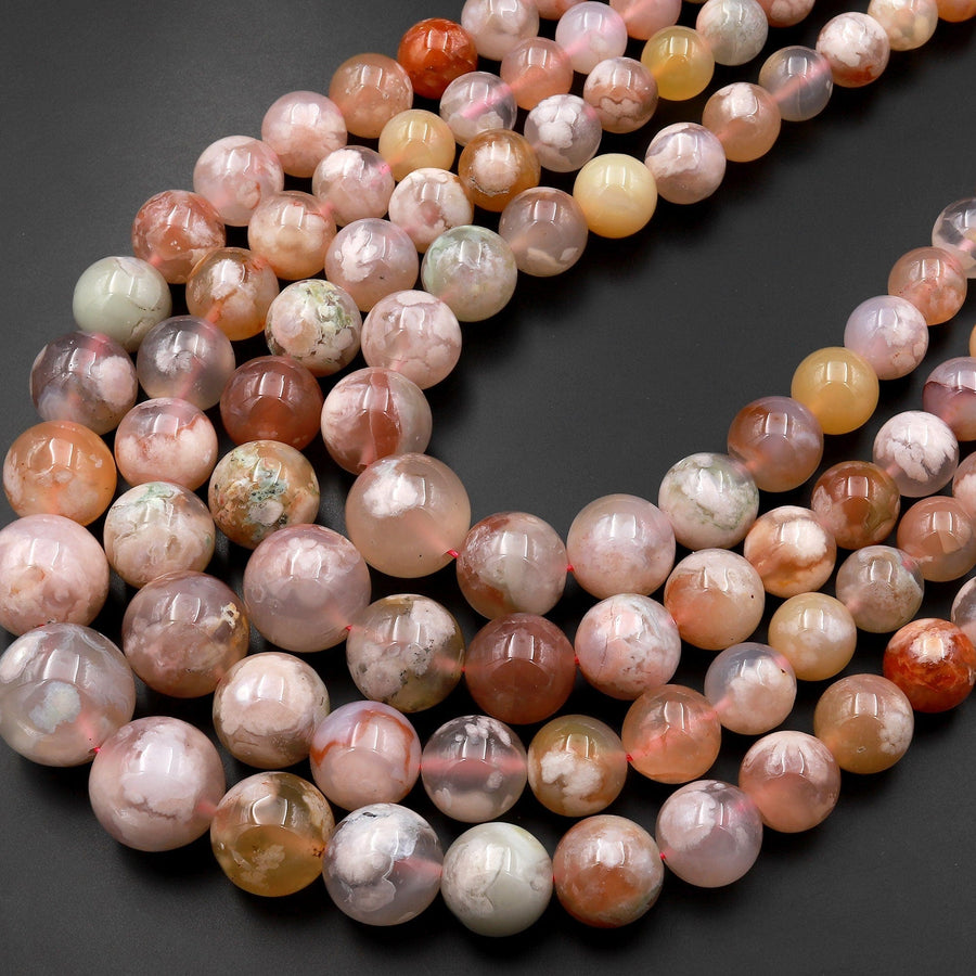 AAA Graduated Natural Cherry Blossom Flower Agate Round Beads 23" Long Finished Necklace Strand