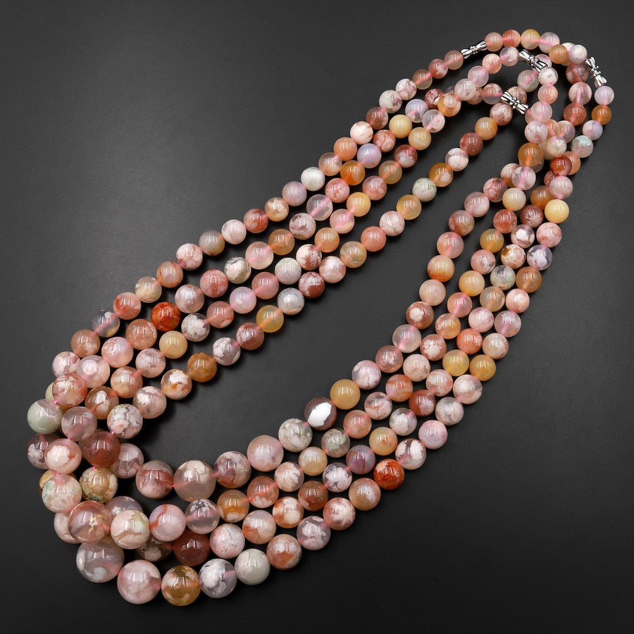 AAA Graduated Natural Cherry Blossom Flower Agate Round Beads 23" Long Finished Necklace Strand