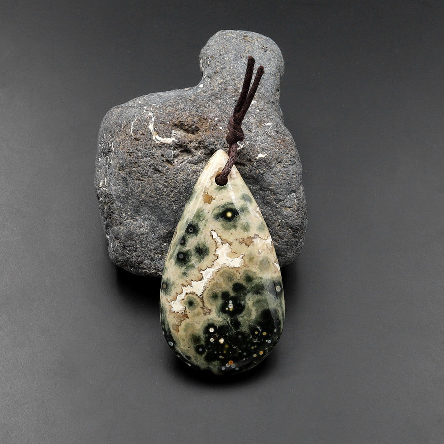 Natural Green Ocean Jasper Pendant Freeform Teardrop Shape Gemstone