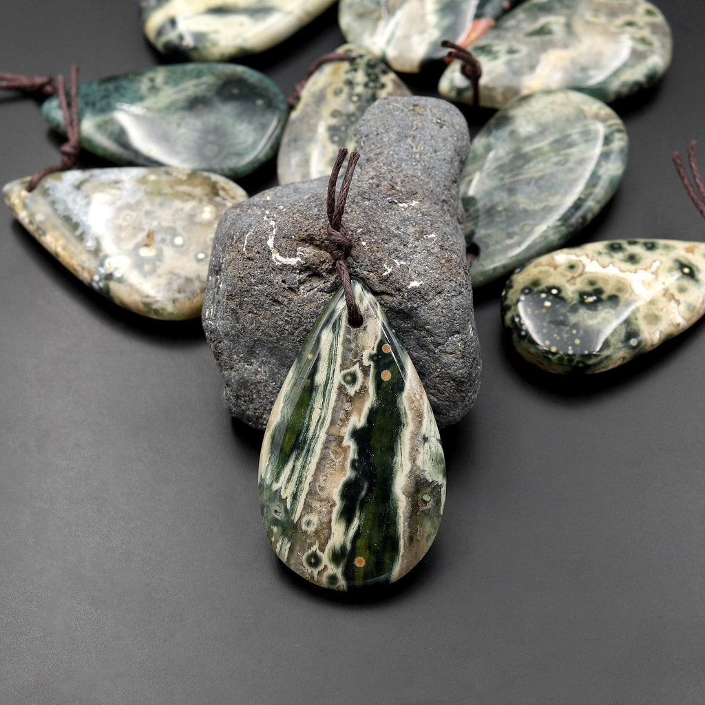 Natural Green Ocean Jasper Pendant Freeform Teardrop Shape Gemstone