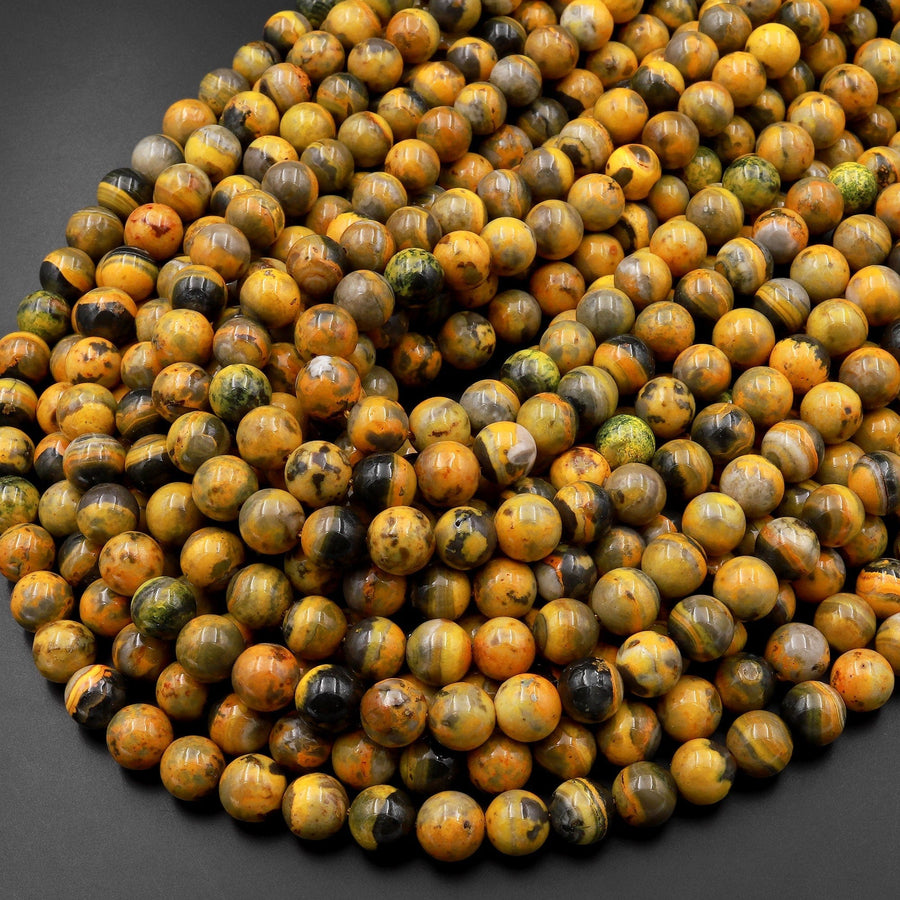 AAA+ Natural Orange Yellow Bumble Bee Jasper Smooth Round Beads 6mm 8mm 15.5" Strand