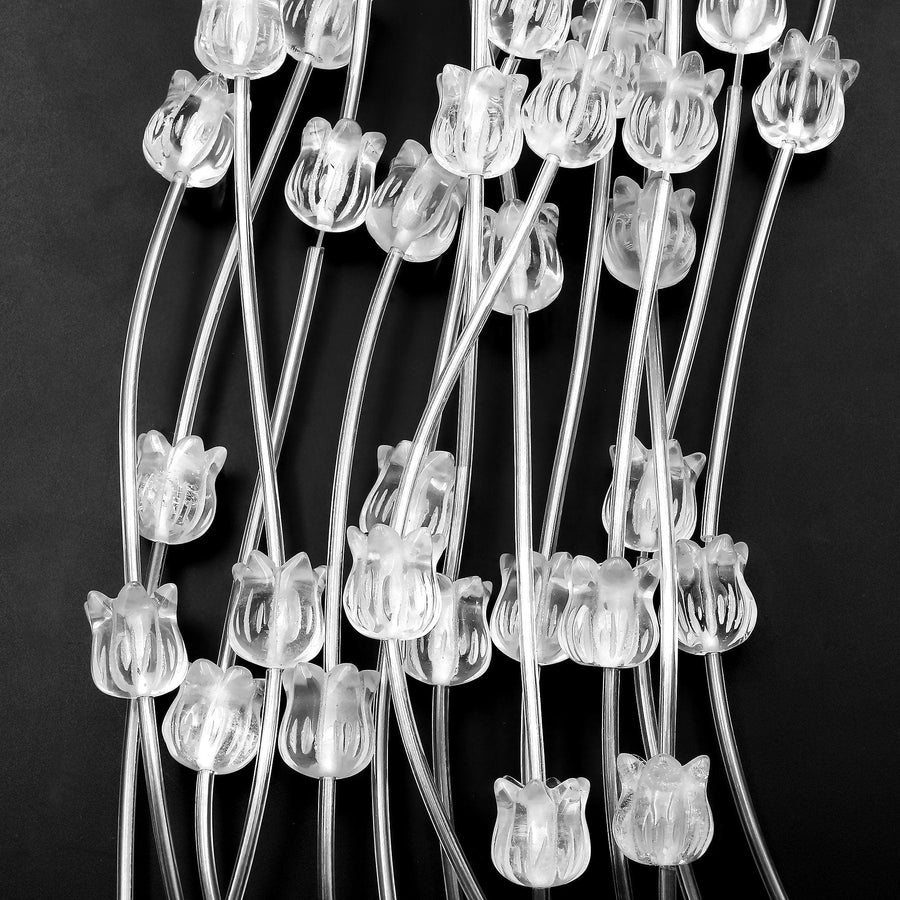 Natural Rock Quartz Crystal Hand Carved Tulip Flower Gemstone Beads 10mm Choose from 5pcs, 10pcs