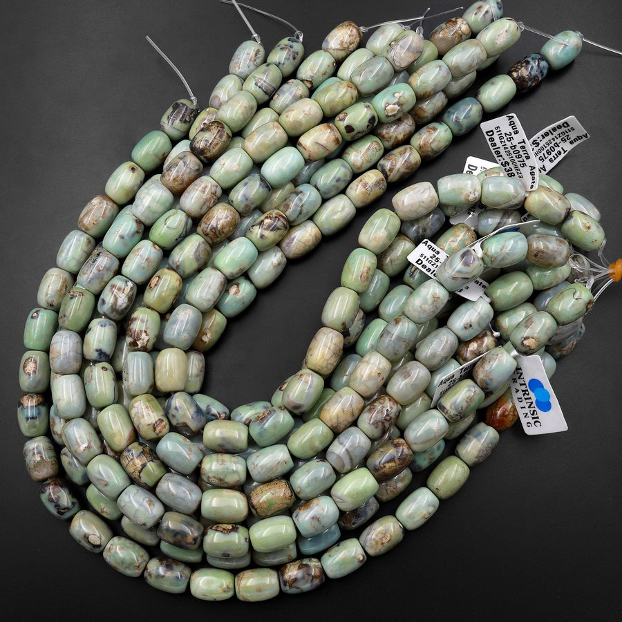 Seafoam Green Brown Aqua Terra Agate Drum Barrel Beads Aka Dragon Eye Agate 14" Strand