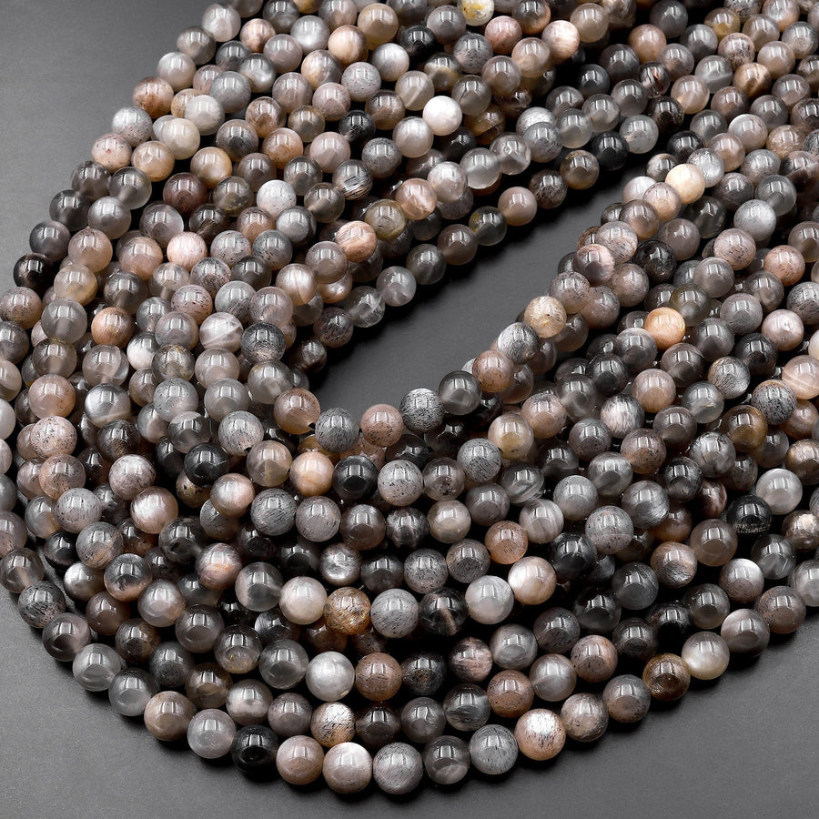 Natural Black Moonstone 6mm 8mm Round Beads 15.5" Strand