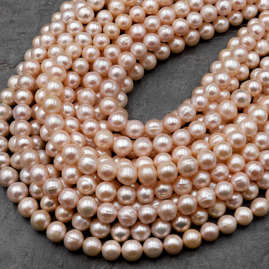 Genuine Natural Peach Freshwater Pearl 9mm 10mm Round Shimmery Iridescent Classic Pearl 15.5" Strand