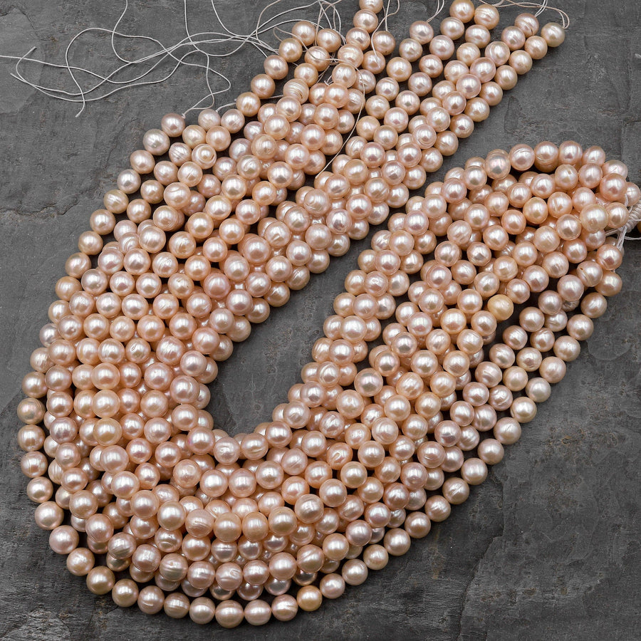 Genuine Natural Peach Freshwater Pearl 9mm 10mm Round Shimmery Iridescent Classic Pearl 15.5" Strand