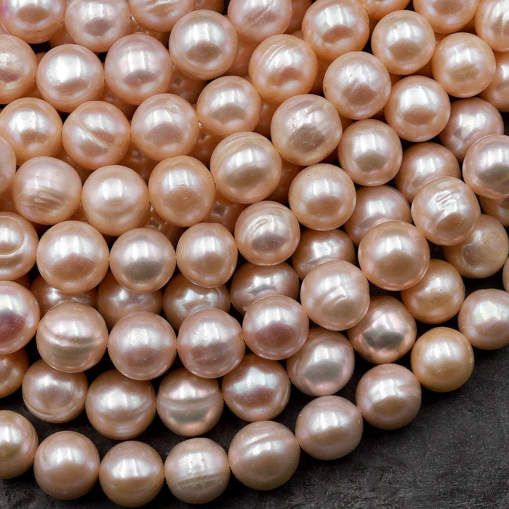 Genuine Natural Peach Freshwater Pearl 9mm 10mm Round Shimmery Iridescent Classic Pearl 15.5" Strand