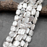 AAA Large Natural White Biwa Square Rectangle Freshwater Pearl Beads 15.5" Strand