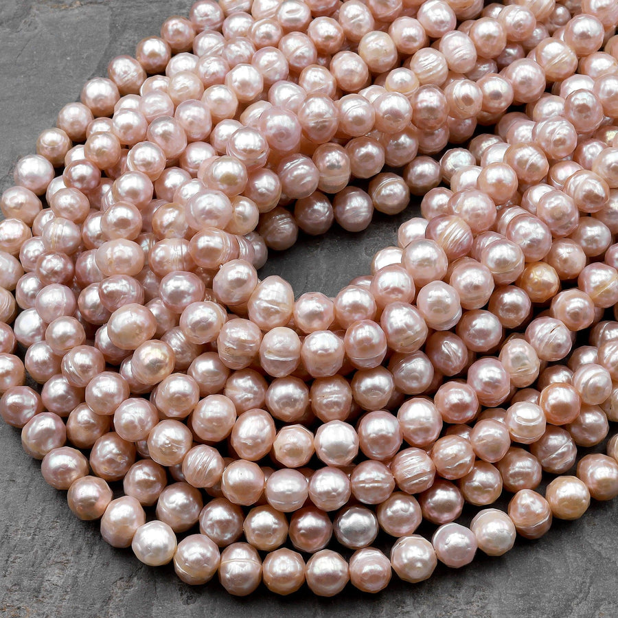 Faceted Genuine Natural Freshwater Pink off Round Pearls 15.5" Strand