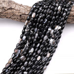 Natural Black Sardonyx Agate Drum Barrel Rice Beads 15.5" Strand