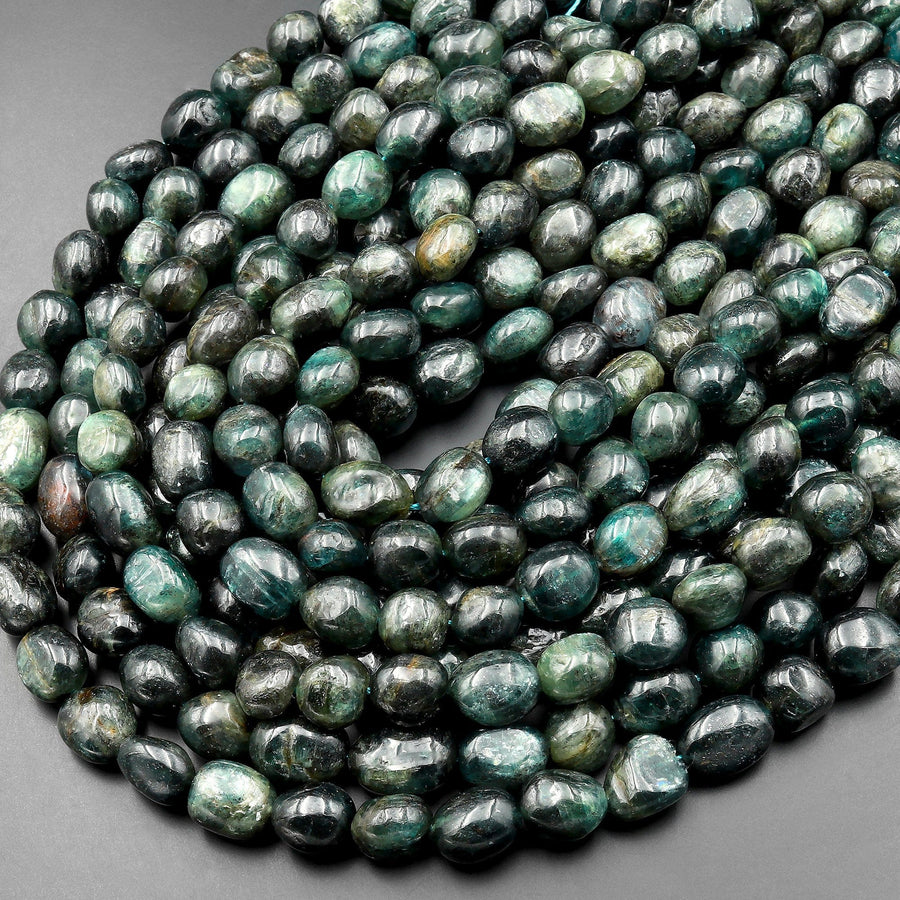 Natural Dark Green Kyanite Freeform Oval Pebble Nugget Beads 15.5" Strand