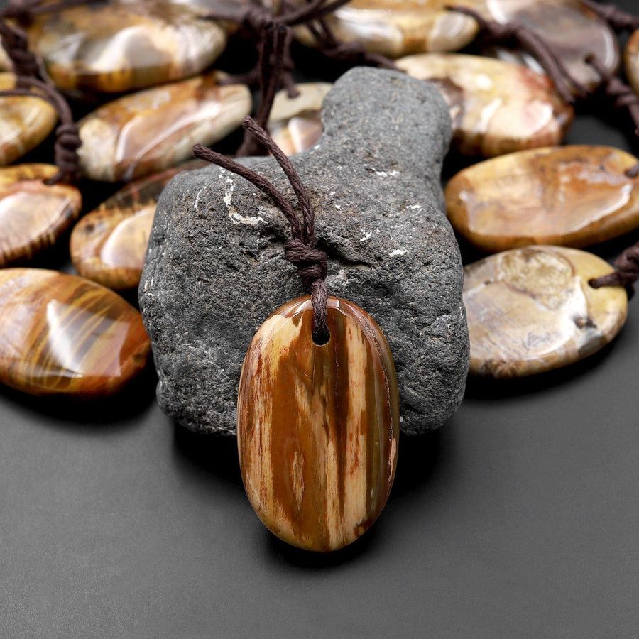Natural Madagascar Petrified Wood Oval Pendant Bead Drilled Gemstone