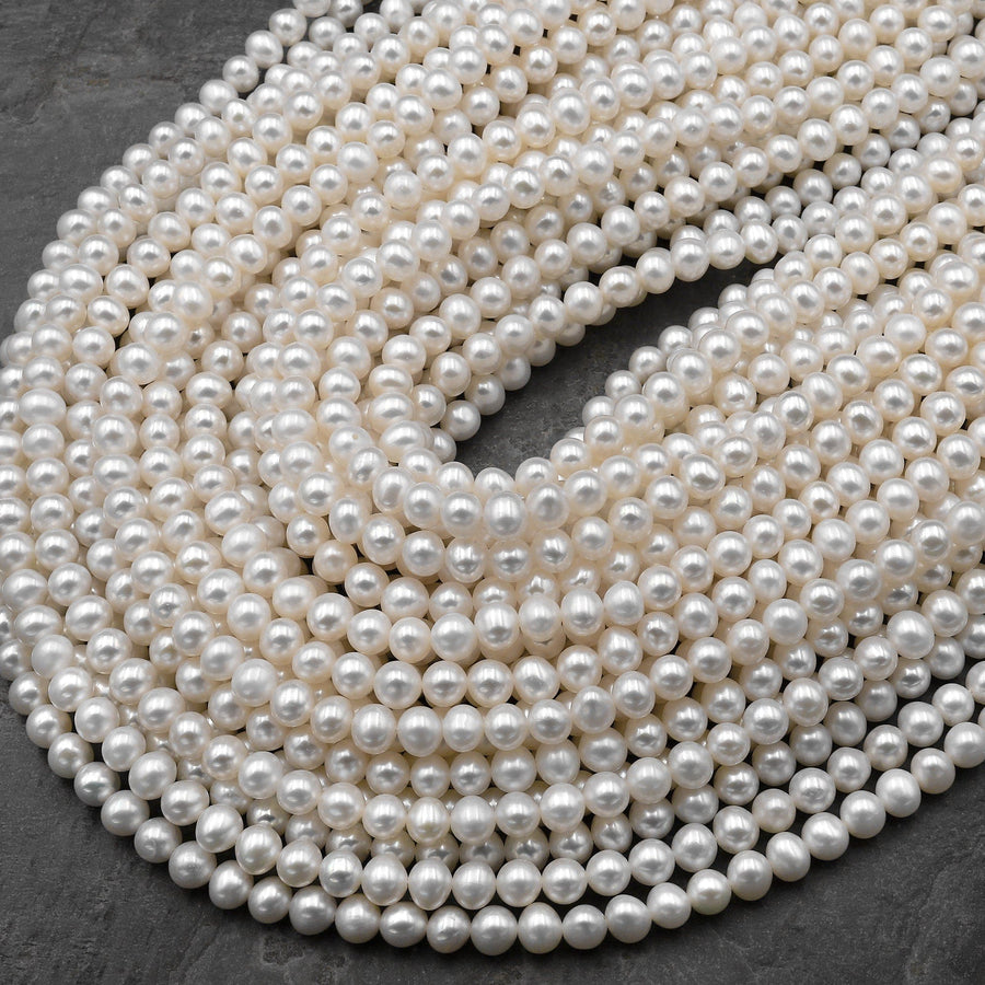 AA Genuine White Freshwater Pearl 5mm 6mm Off Round Pearl Shimmery Iridescent Classic White Pearl 15.5" Strand