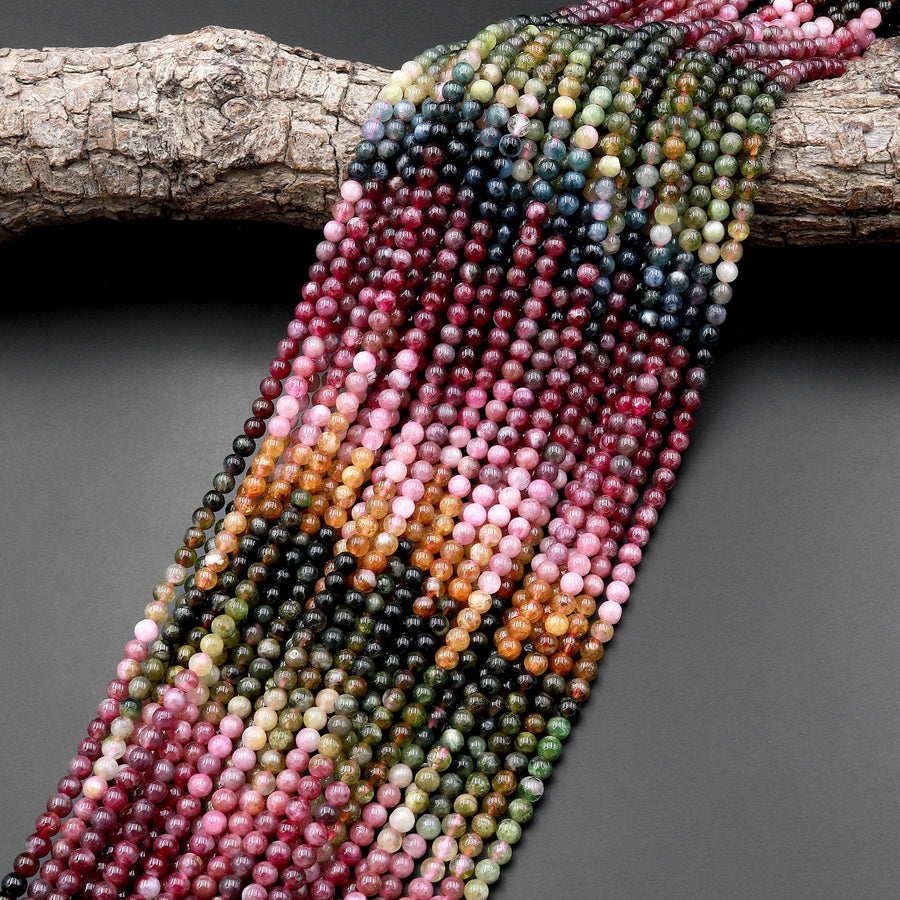 AAA Natural Multicolor Pink Green Blue Yellow Tourmaline 4mm Smooth Round Beads Colorful Real Genuine Gemstone 15.5" Strand