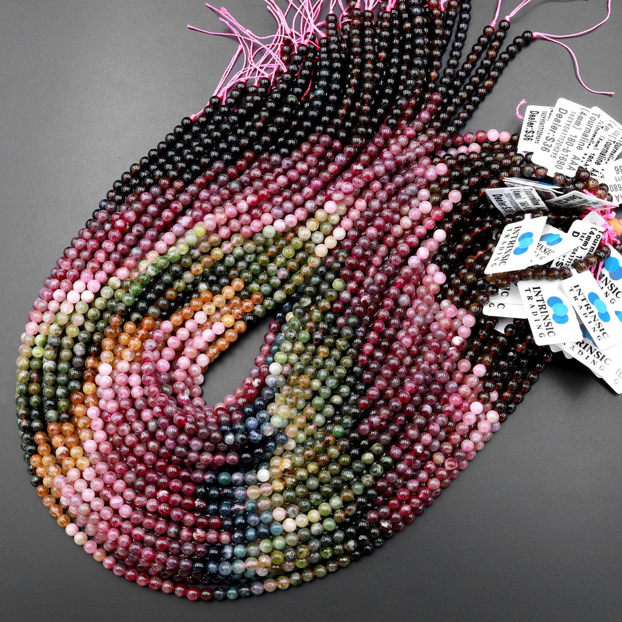 AAA Natural Multicolor Pink Green Blue Yellow Tourmaline 4mm Smooth Round Beads Colorful Real Genuine Gemstone 15.5" Strand