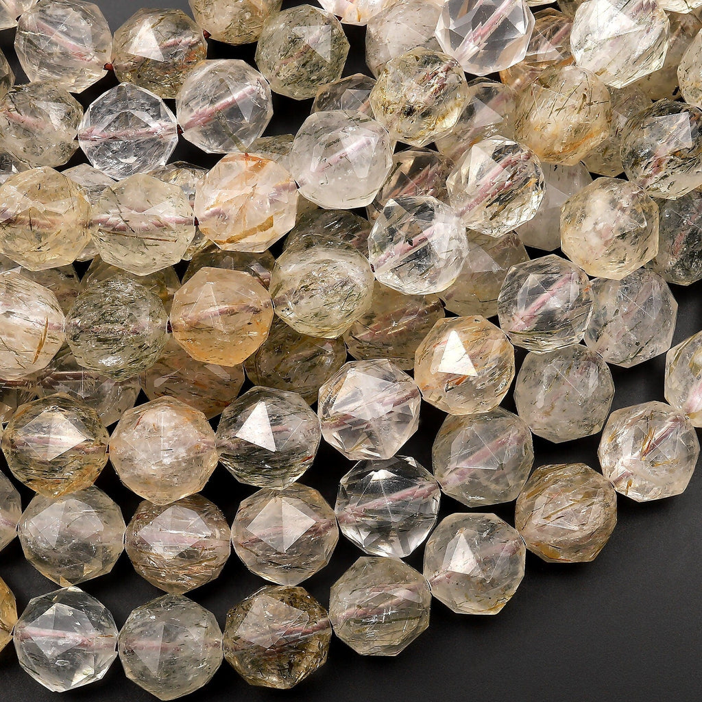 AAA Natural Tourmaline Rutile Quartz Double Hearted Star Cut Faceted 10mm Rounded Beads 15.5" Strand