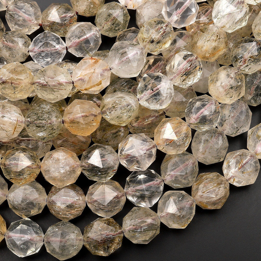 AAA Natural Tourmaline Rutile Quartz Double Hearted Star Cut Faceted 10mm Rounded Beads 15.5" Strand