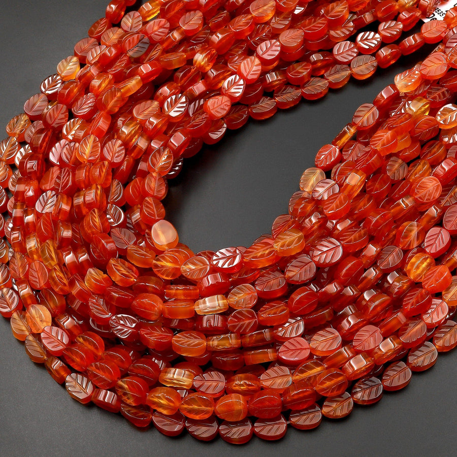 Natural Orange Red Carnelian Hand Carved Leaf Gemstone Beads 15.5" Strand