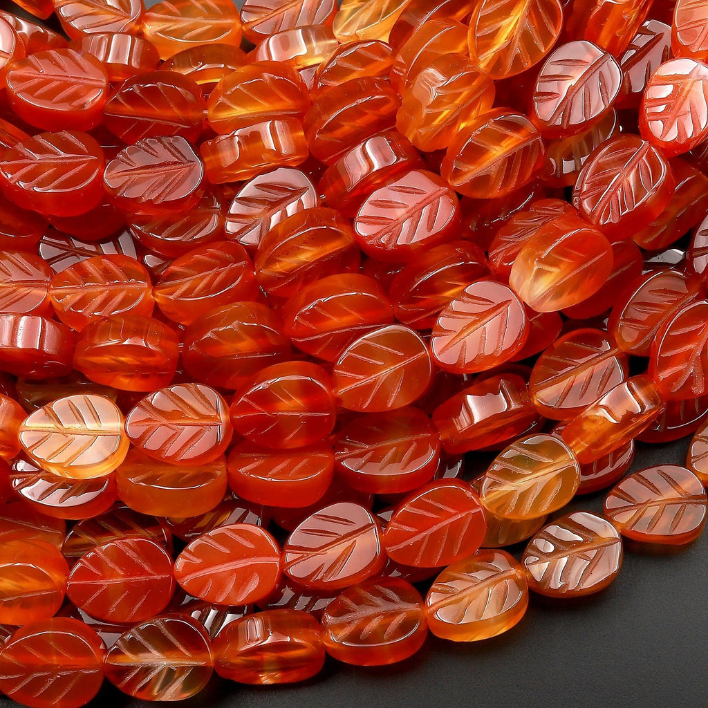 Natural Orange Red Carnelian Hand Carved Leaf Gemstone Beads 15.5" Strand