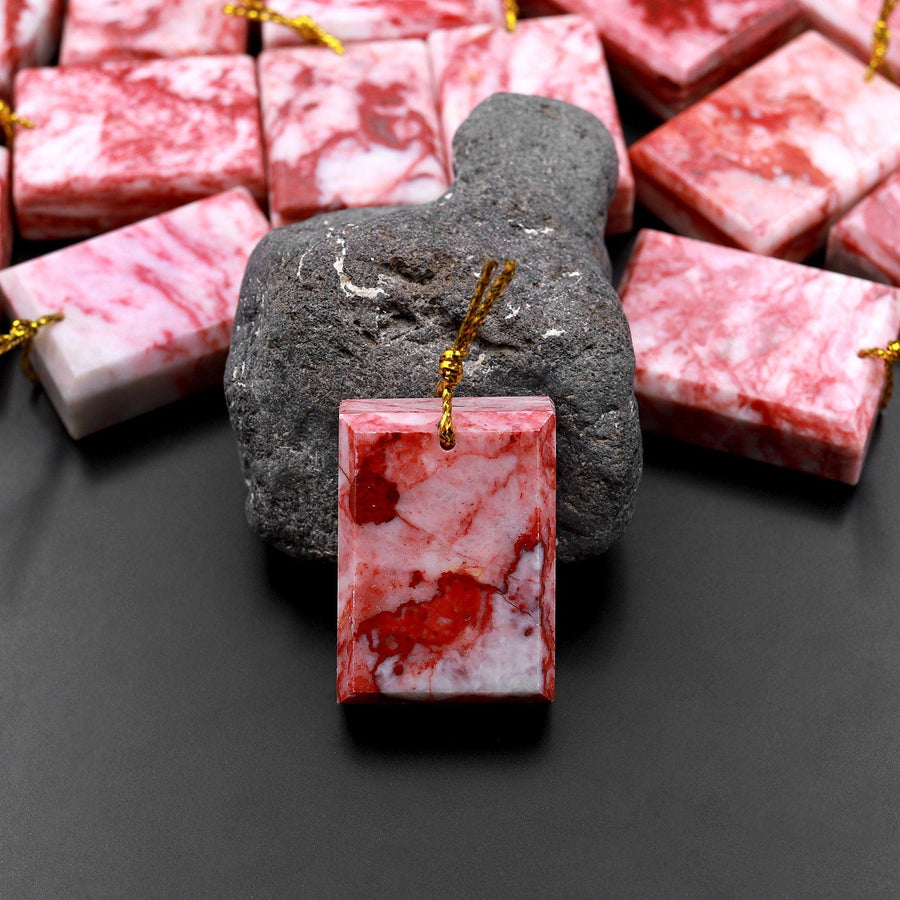 Rare Natural Cinnabrite Cinnabar in Quartz Pendant Mahjong Style Faceted Edges Side Drilled Rectangle Healing Gemstone