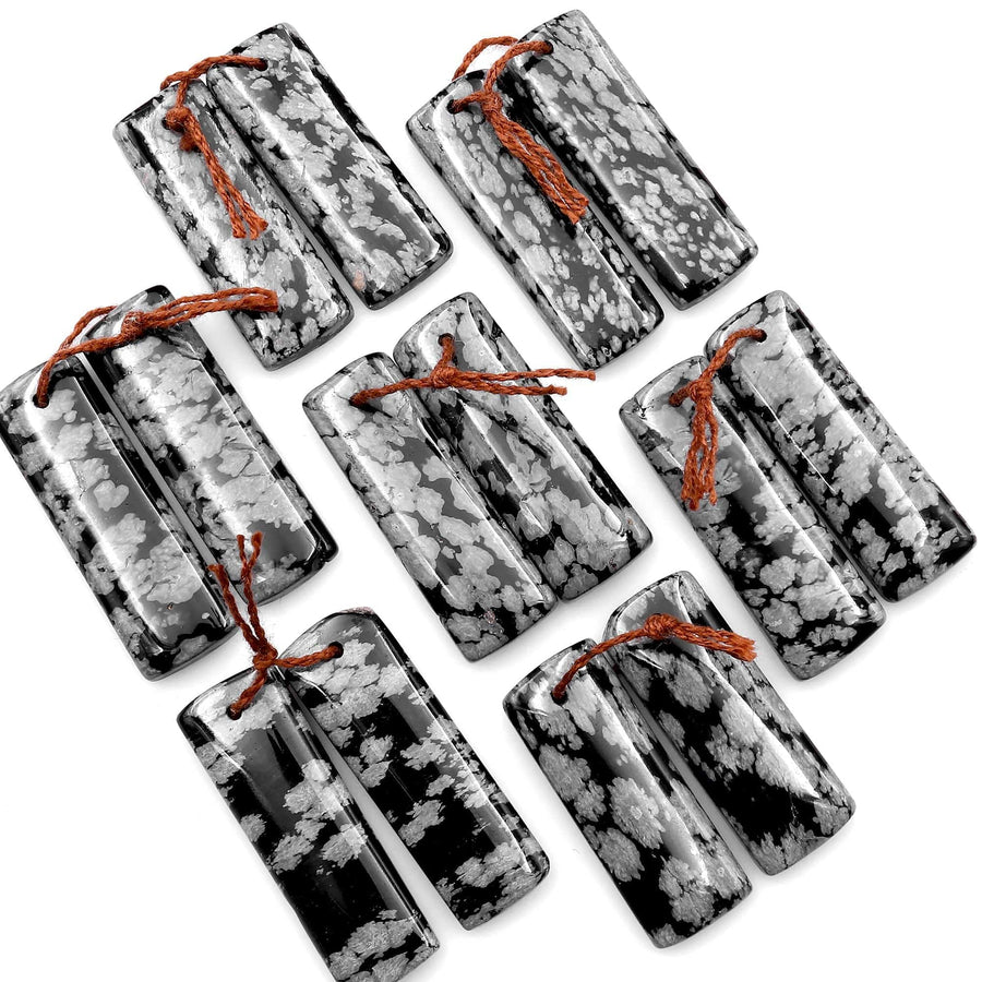 Drilled Natural Snowflake Obsidian Earring Pair Matched Rectangle Gemstone Cabochon Beads 30mm