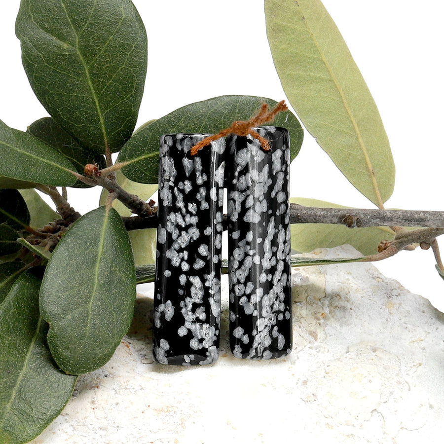 Drilled Natural Snowflake Obsidian Earring Pair Matched Rectangle Gemstone Cabochon Beads 30mm