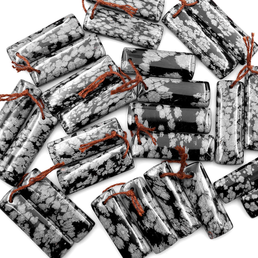 Drilled Natural Snowflake Obsidian Earring Pair Matched Rectangle Gemstone Cabochon Beads 30mm