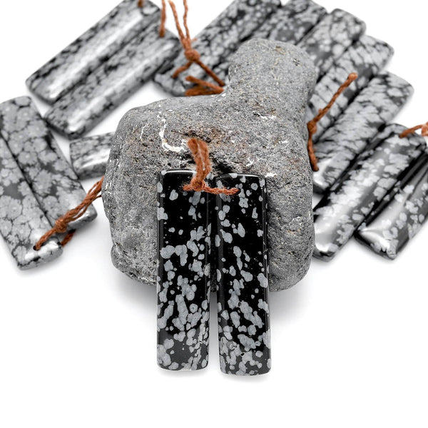 Drilled Natural Snowflake Obsidian Earring Pair Matched Rectangle Gemstone Cabochon Beads 40mm