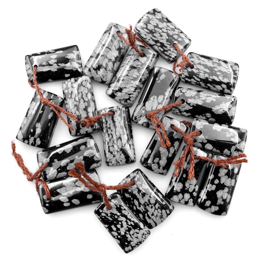 Drilled Natural Snowflake Obsidian Earring Pair Matched Rectangle Gemstone Cabochon Beads 20mm